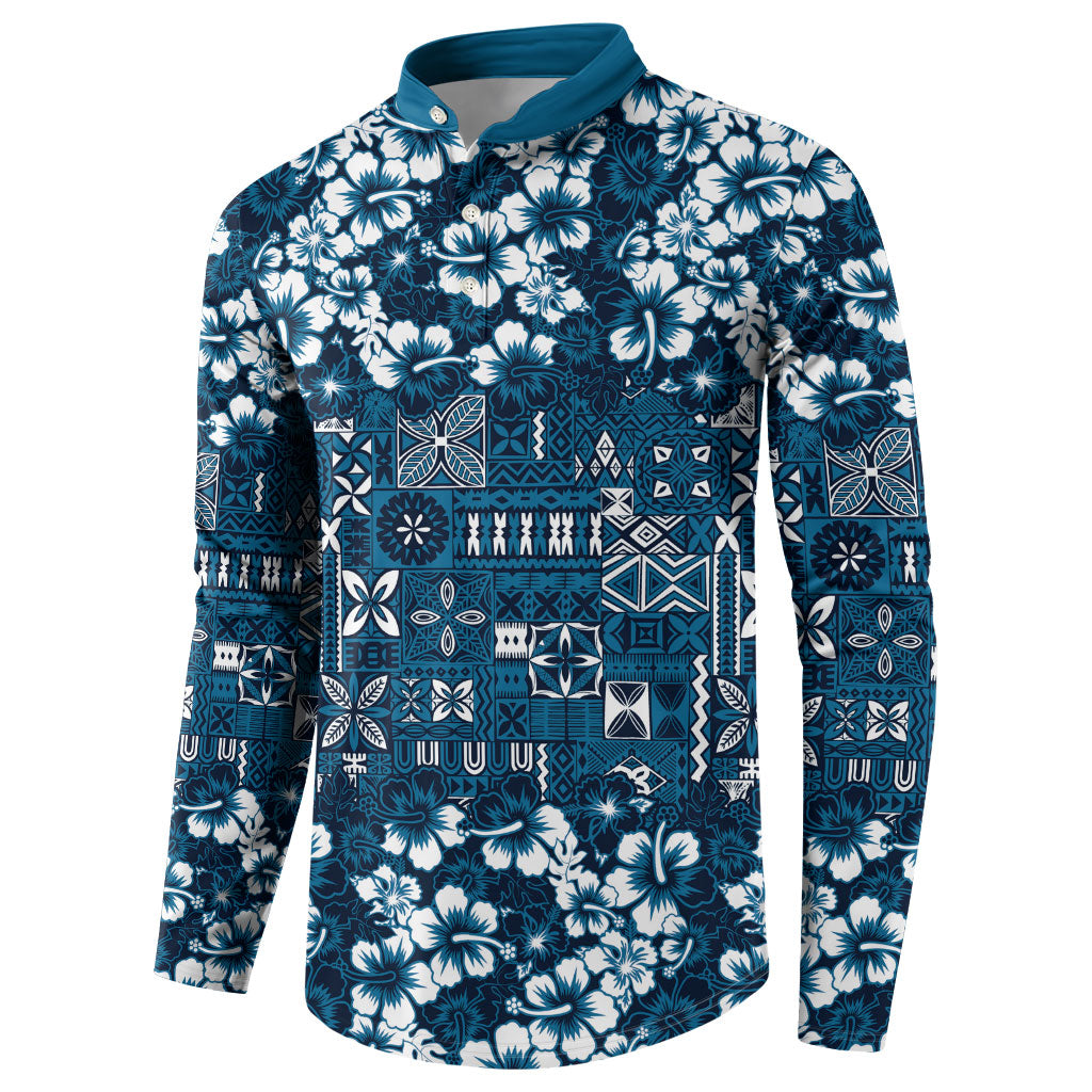 Blue Hawaiian Tapa Tribal Hibiscus Button Sweatshirt LT9 - Polynesian Pride