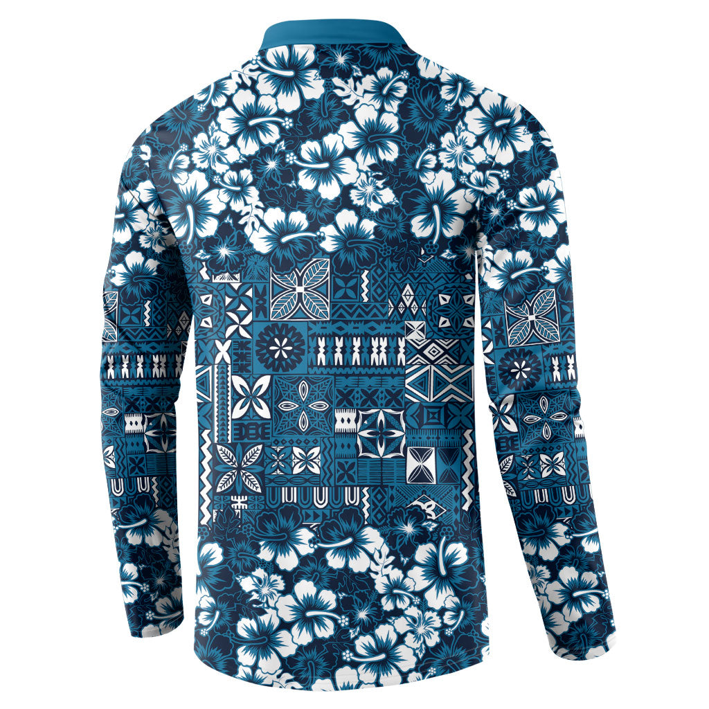 Blue Hawaiian Tapa Tribal Hibiscus Button Sweatshirt LT9 - Polynesian Pride