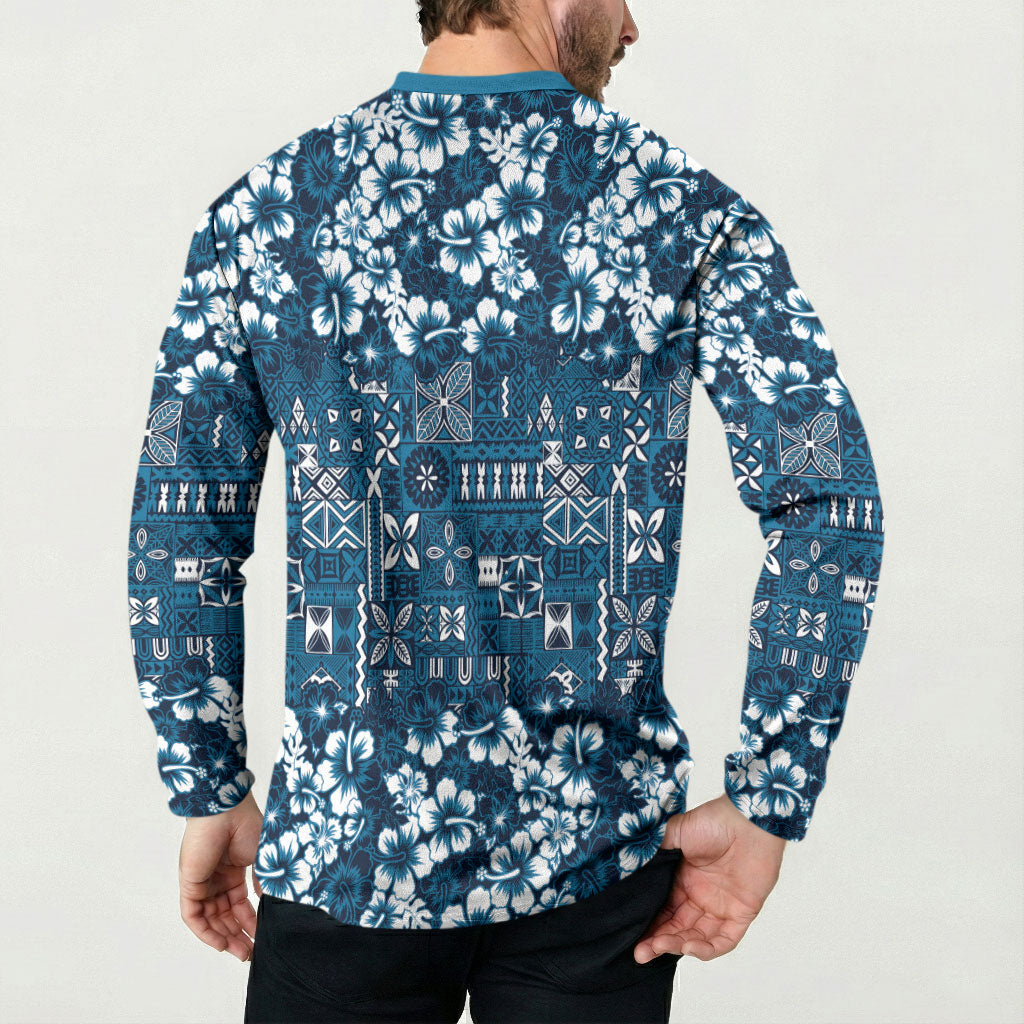 Blue Hawaiian Tapa Tribal Hibiscus Button Sweatshirt LT9 - Polynesian Pride