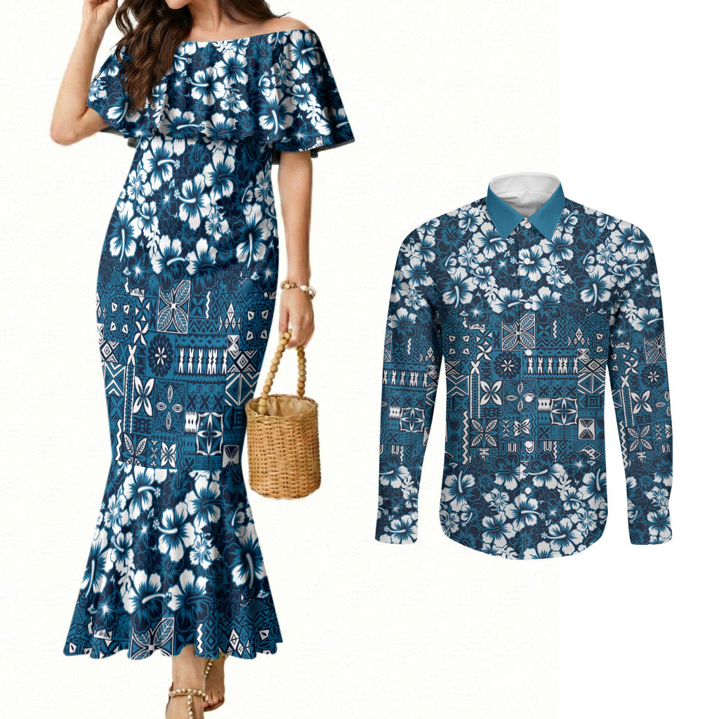 Blue Hawaiian Tapa Tribal Hibiscus Couples Matching Mermaid Dress and Long Sleeve Button Shirt
