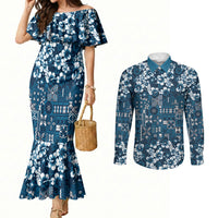 Blue Hawaiian Tapa Tribal Hibiscus Couples Matching Mermaid Dress and Long Sleeve Button Shirt
