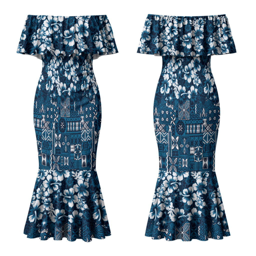 Blue Hawaiian Tapa Tribal Hibiscus Couples Matching Mermaid Dress and Long Sleeve Button Shirt