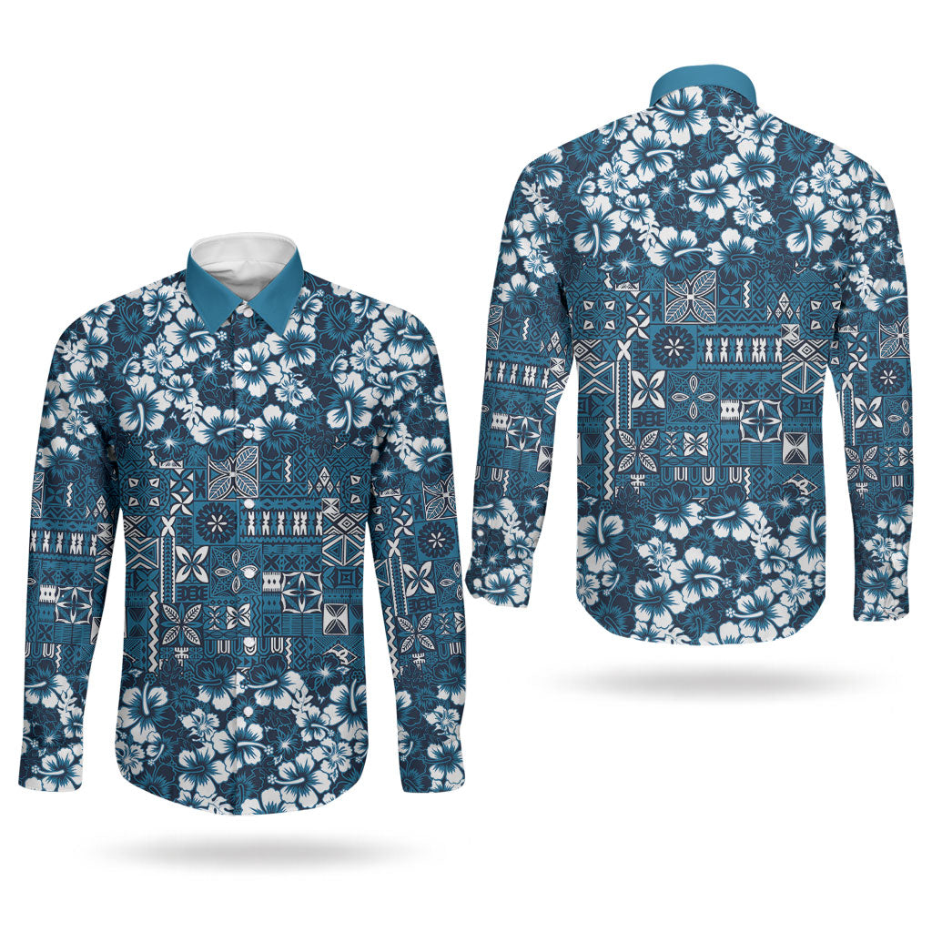 Blue Hawaiian Tapa Tribal Hibiscus Couples Matching Off Shoulder Short Dress and Long Sleeve Button Shirt