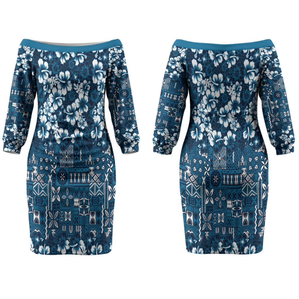 Blue Hawaiian Tapa Tribal Hibiscus Couples Matching Off The Shoulder Long Sleeve Dress and Long Sleeve Button Shirt LT9 - Polynesian Pride