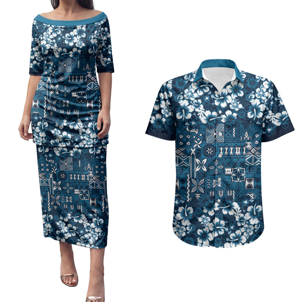 Blue Hawaiian Tapa Tribal Hibiscus Couples Matching Puletasi and Hawaiian Shirt LT9 Blue - Polynesian Pride