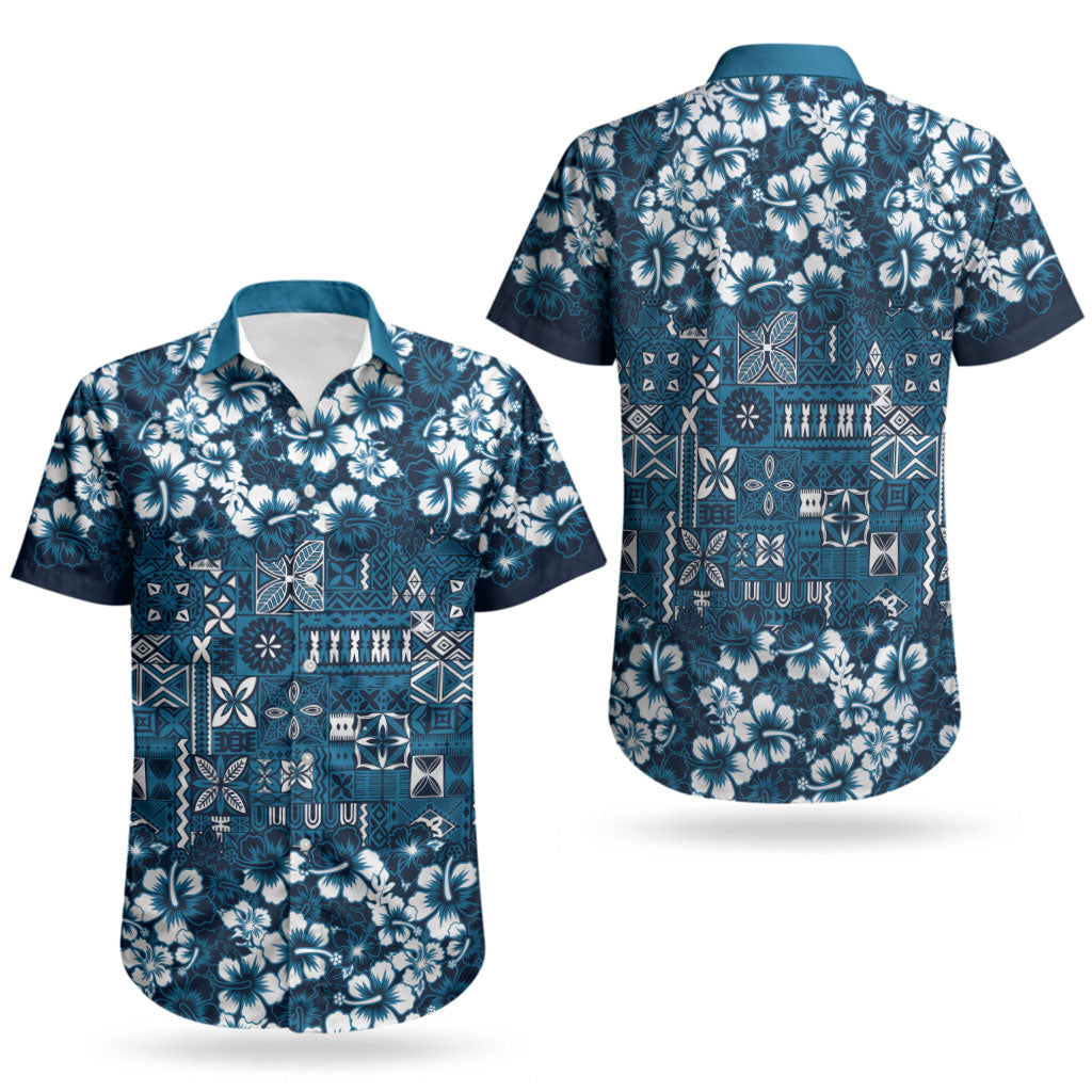 Blue Hawaiian Tapa Tribal Hibiscus Couples Matching Puletasi and Hawaiian Shirt LT9 - Polynesian Pride