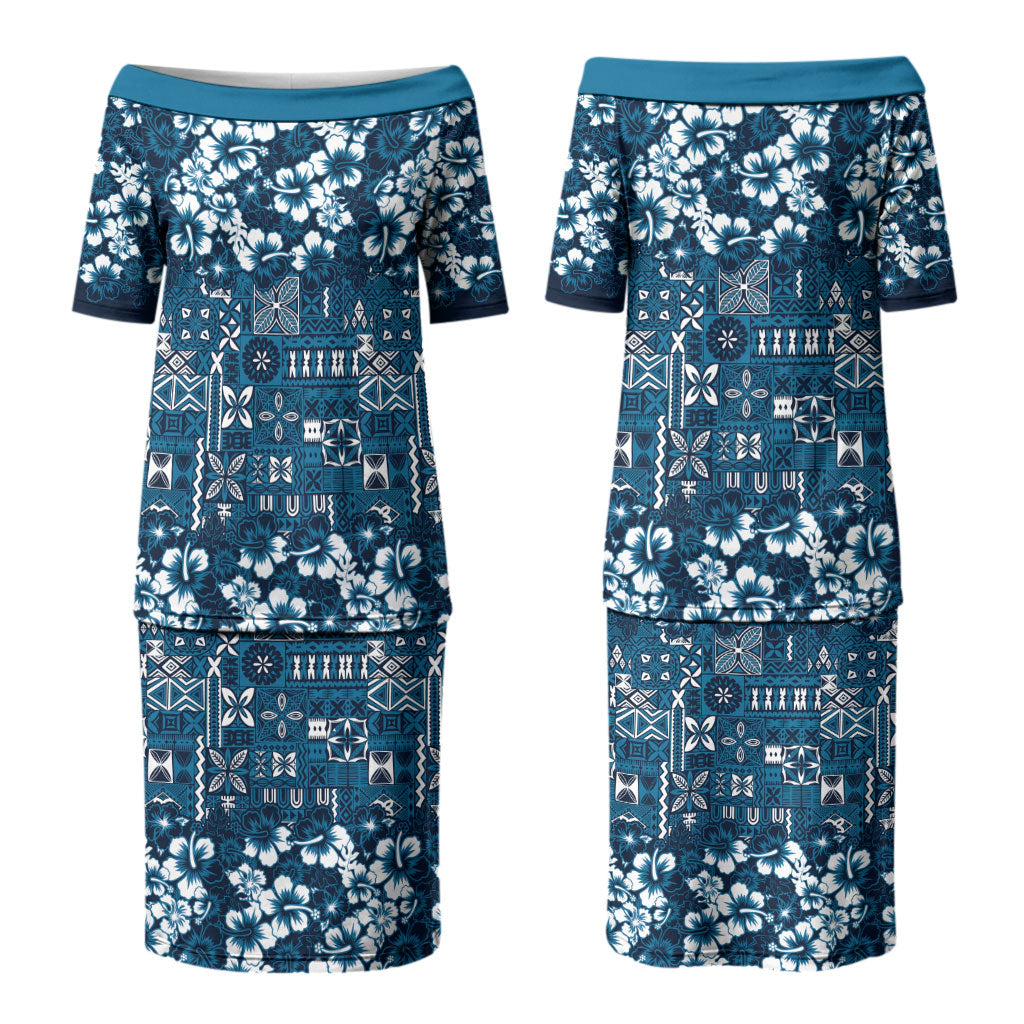 Blue Hawaiian Tapa Tribal Hibiscus Couples Matching Puletasi and Hawaiian Shirt LT9 - Polynesian Pride