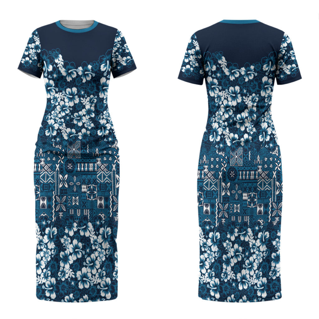 Blue Hawaiian Tapa Tribal Hibiscus Couples Matching Short Sleeve Bodycon Dress and Hawaiian Shirt LT9 - Polynesian Pride