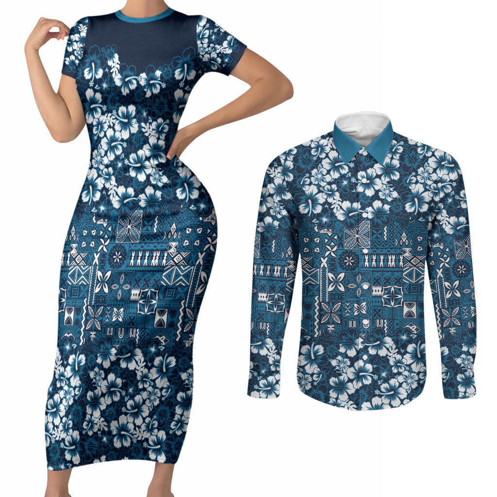 Blue Hawaiian Tapa Tribal Hibiscus Couples Matching Short Sleeve Bodycon Dress and Long Sleeve Button Shirt