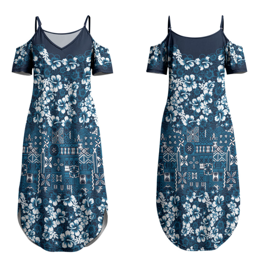 Blue Hawaiian Tapa Tribal Hibiscus Couples Matching Summer Maxi Dress and Long Sleeve Button Shirt LT9 - Polynesian Pride