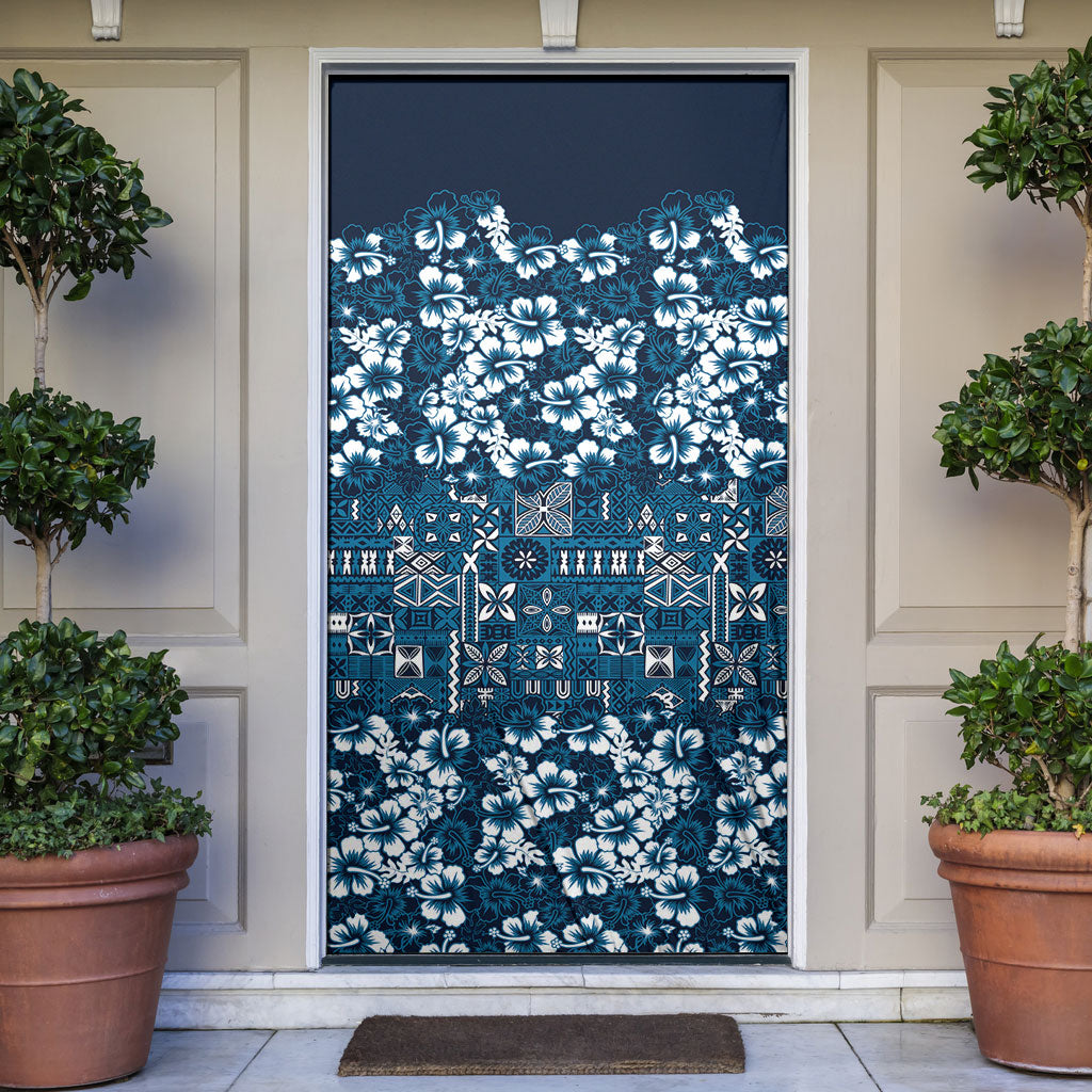 Blue Hawaiian Tapa Tribal Hibiscus Door Cover