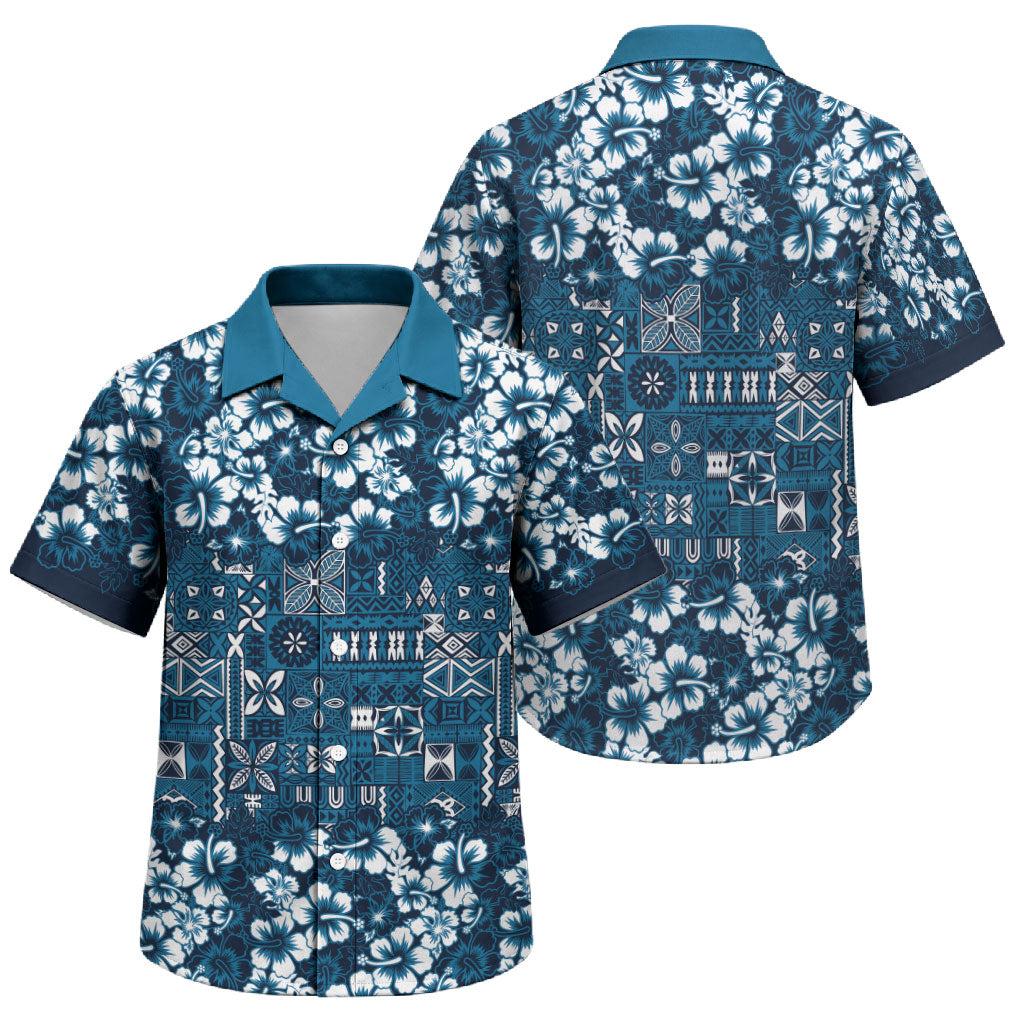 Blue Hawaiian Tapa Tribal Hibiscus Family Matching Mermaid Dress and Hawaiian Shirt