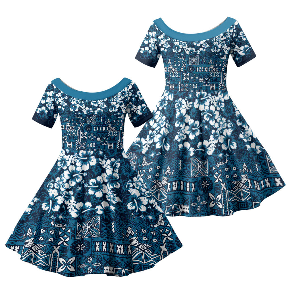 Blue Hawaiian Tapa Tribal Hibiscus Family Matching Off Shoulder Maxi Dress and Hawaiian Shirt