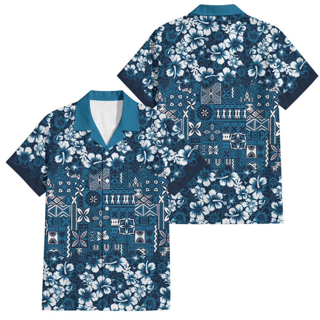 Blue Hawaiian Tapa Tribal Hibiscus Family Matching Puletasi and Hawaiian Shirt LT9 Dad's Shirt - Short Sleeve Blue - Polynesian Pride