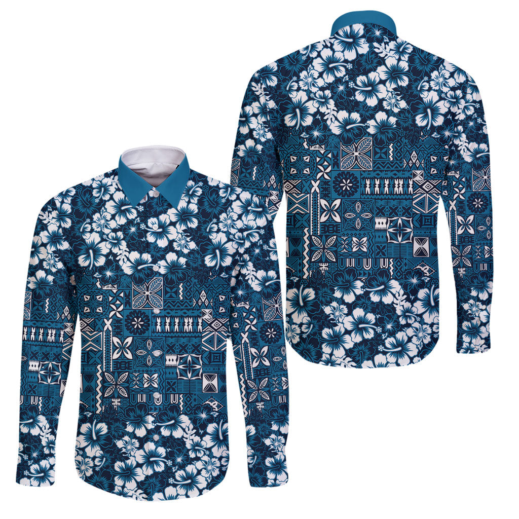 Blue Hawaiian Tapa Tribal Hibiscus Family Matching Puletasi and Hawaiian Shirt LT9 Dad's Shirt - Long Sleeve Blue - Polynesian Pride