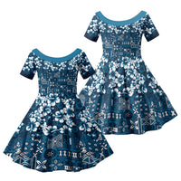Blue Hawaiian Tapa Tribal Hibiscus Family Matching Puletasi and Hawaiian Shirt LT9 Daughter's Dress Blue - Polynesian Pride