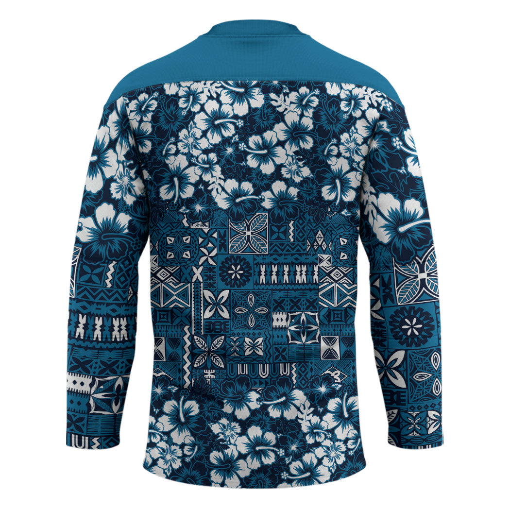 Blue Hawaiian Tapa Tribal Hibiscus Hockey Jersey LT9 - Polynesian Pride
