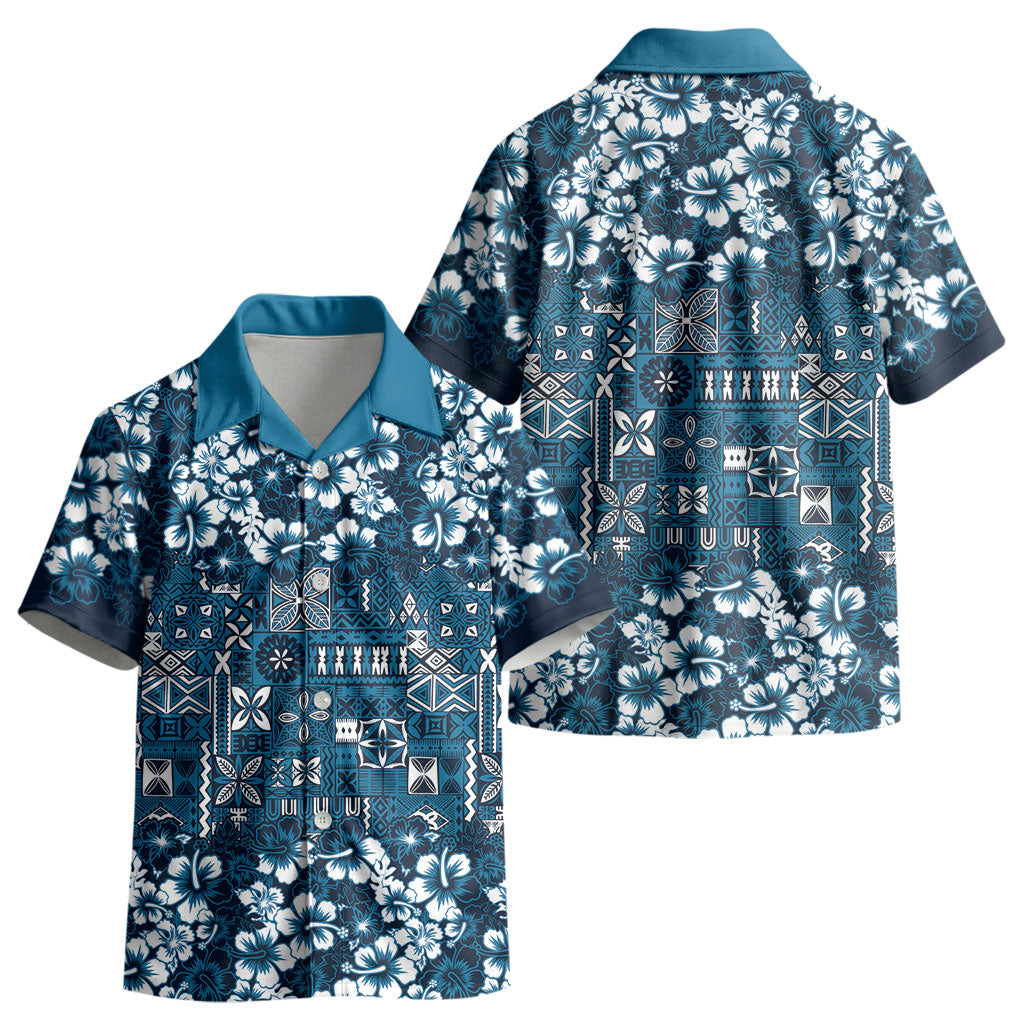 Blue Hawaiian Tapa Tribal Hibiscus Kid Hawaiian Shirt LT9 - Polynesian Pride