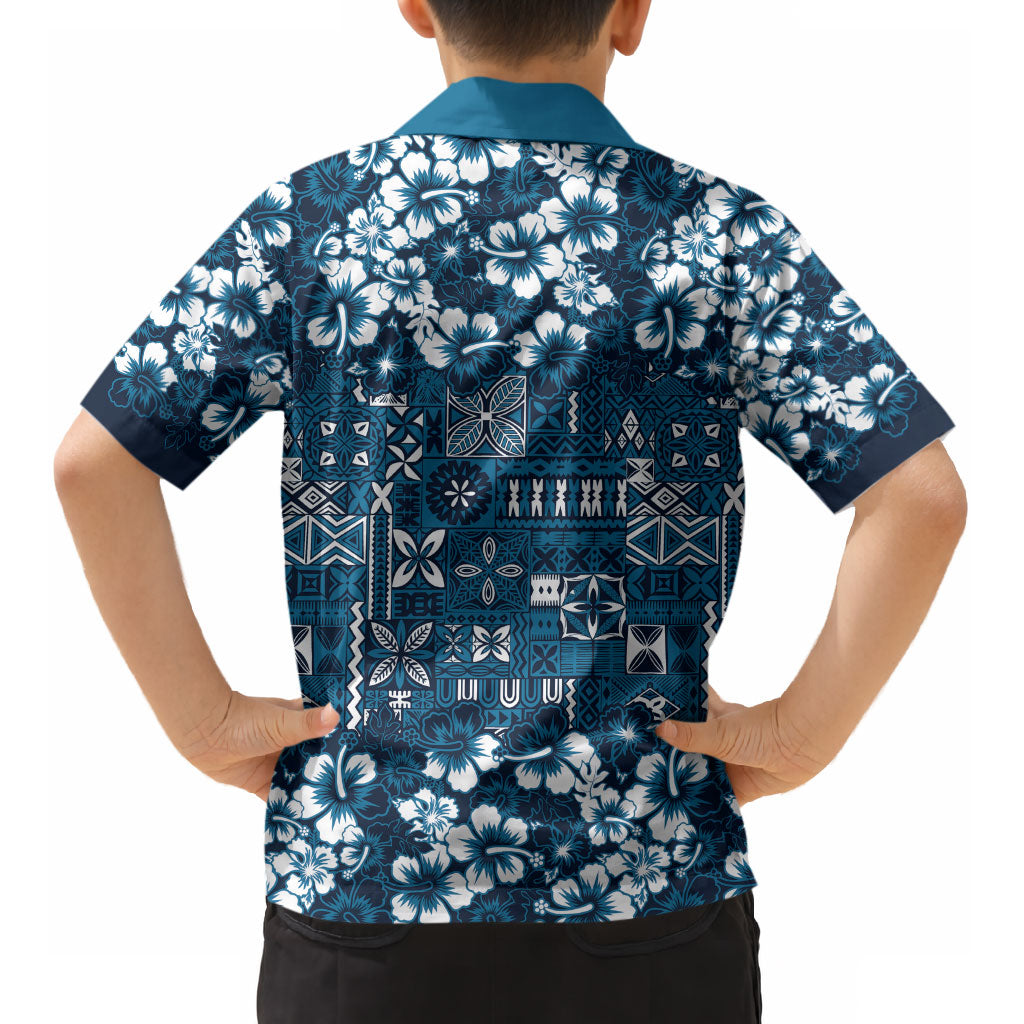 Blue Hawaiian Tapa Tribal Hibiscus Kid Hawaiian Shirt LT9 - Polynesian Pride