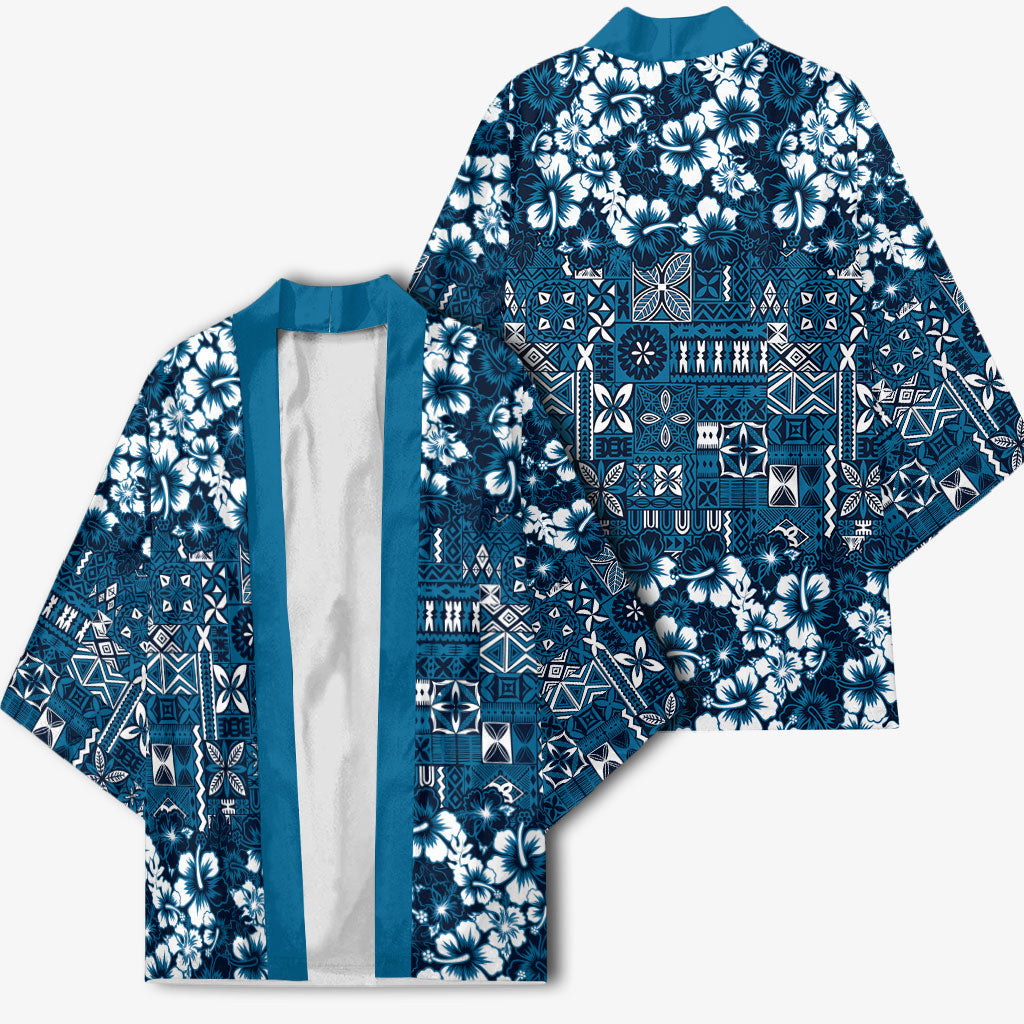 Blue Hawaiian Tapa Tribal Hibiscus Kimono LT9 - Polynesian Pride