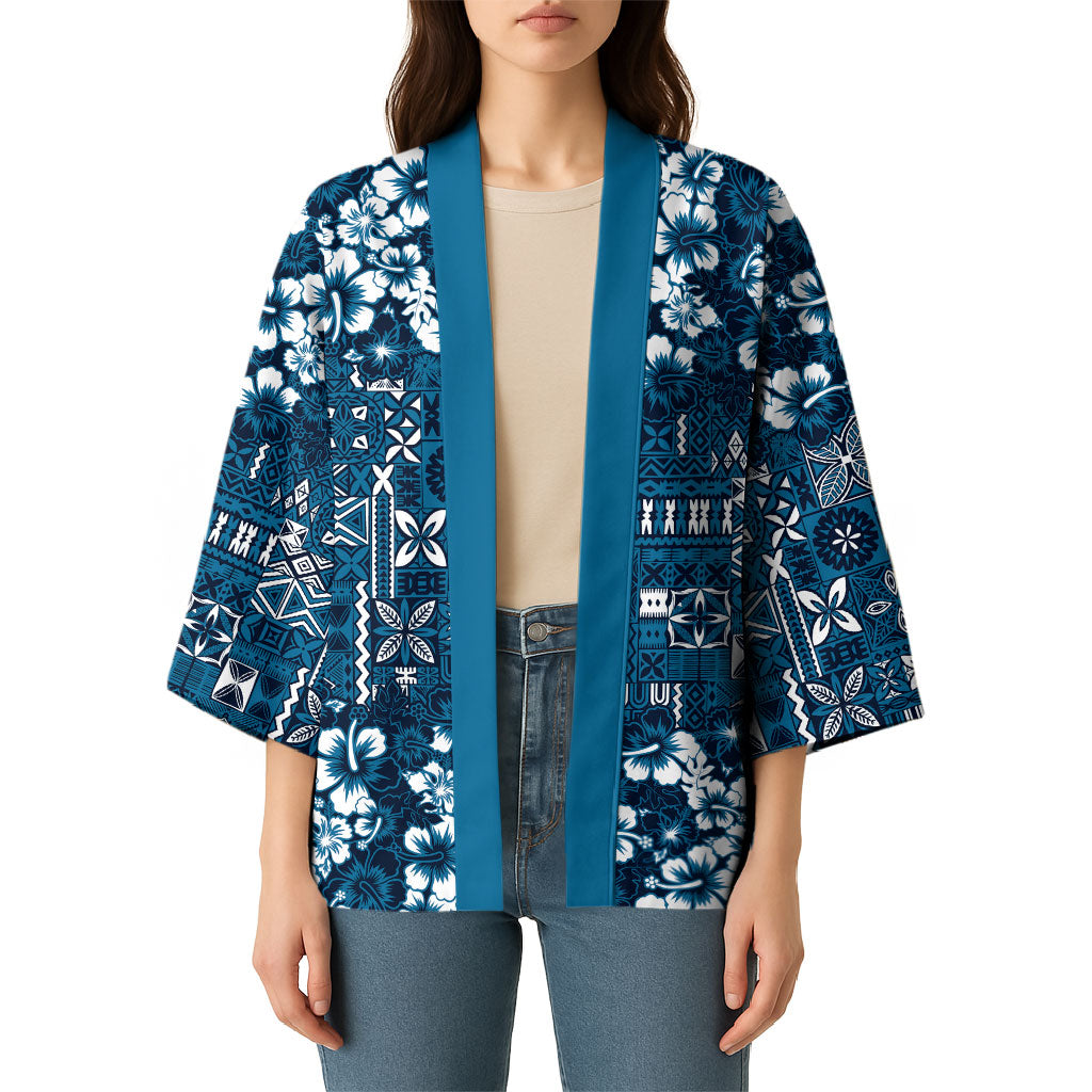 Blue Hawaiian Tapa Tribal Hibiscus Kimono LT9 - Polynesian Pride