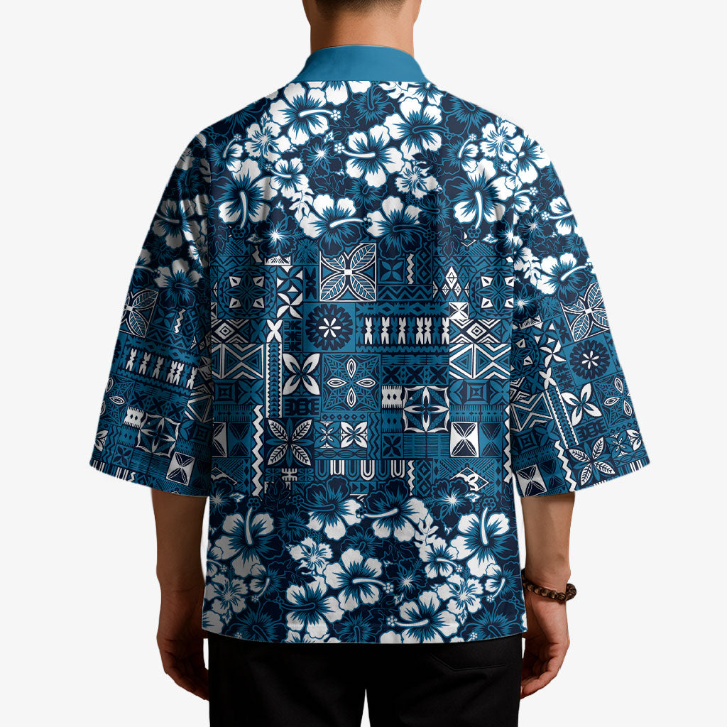 Blue Hawaiian Tapa Tribal Hibiscus Kimono LT9 - Polynesian Pride