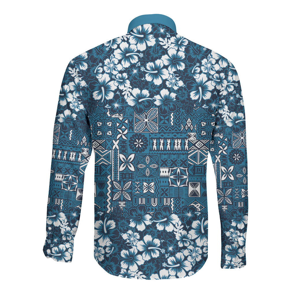 Blue Hawaiian Tapa Tribal Hibiscus Long Sleeve Button Shirt