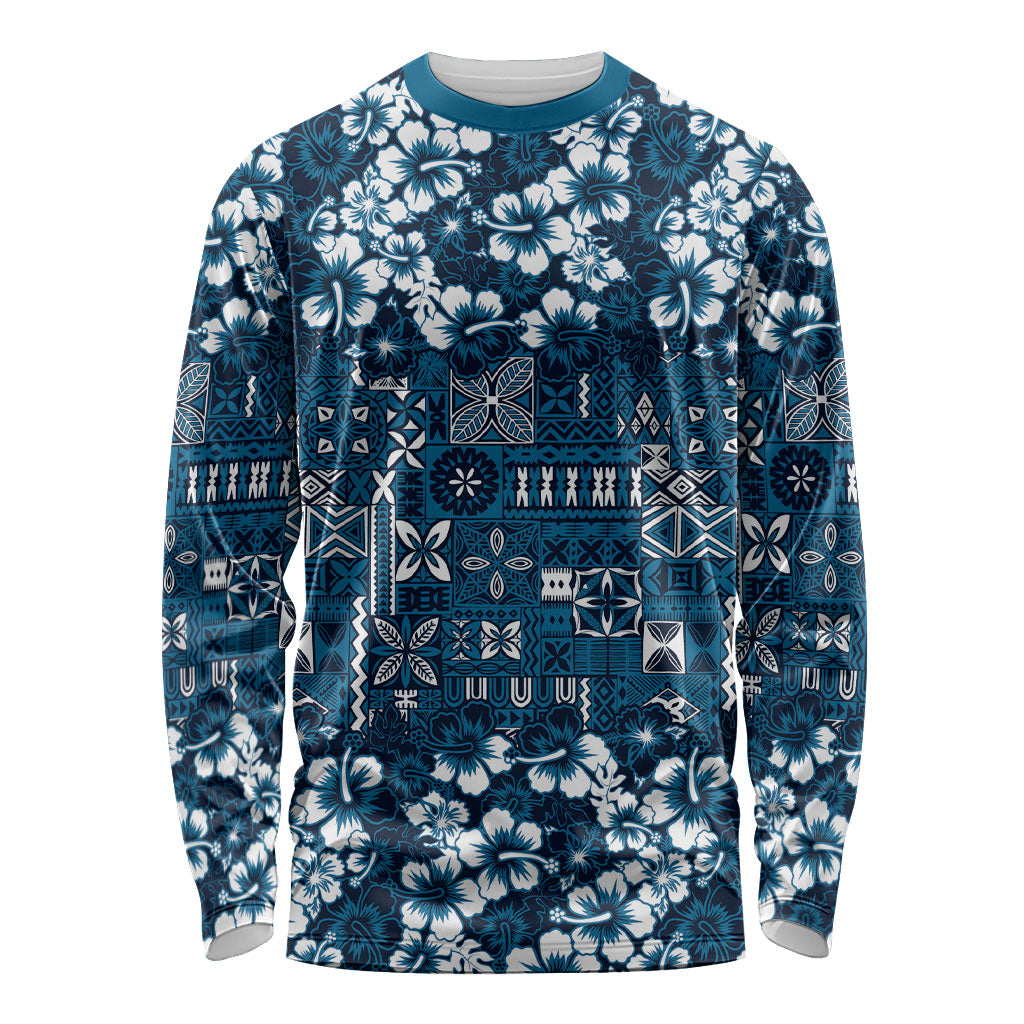 Blue Hawaiian Tapa Tribal Hibiscus Long Sleeve Shirt LT9 Unisex Blue - Polynesian Pride