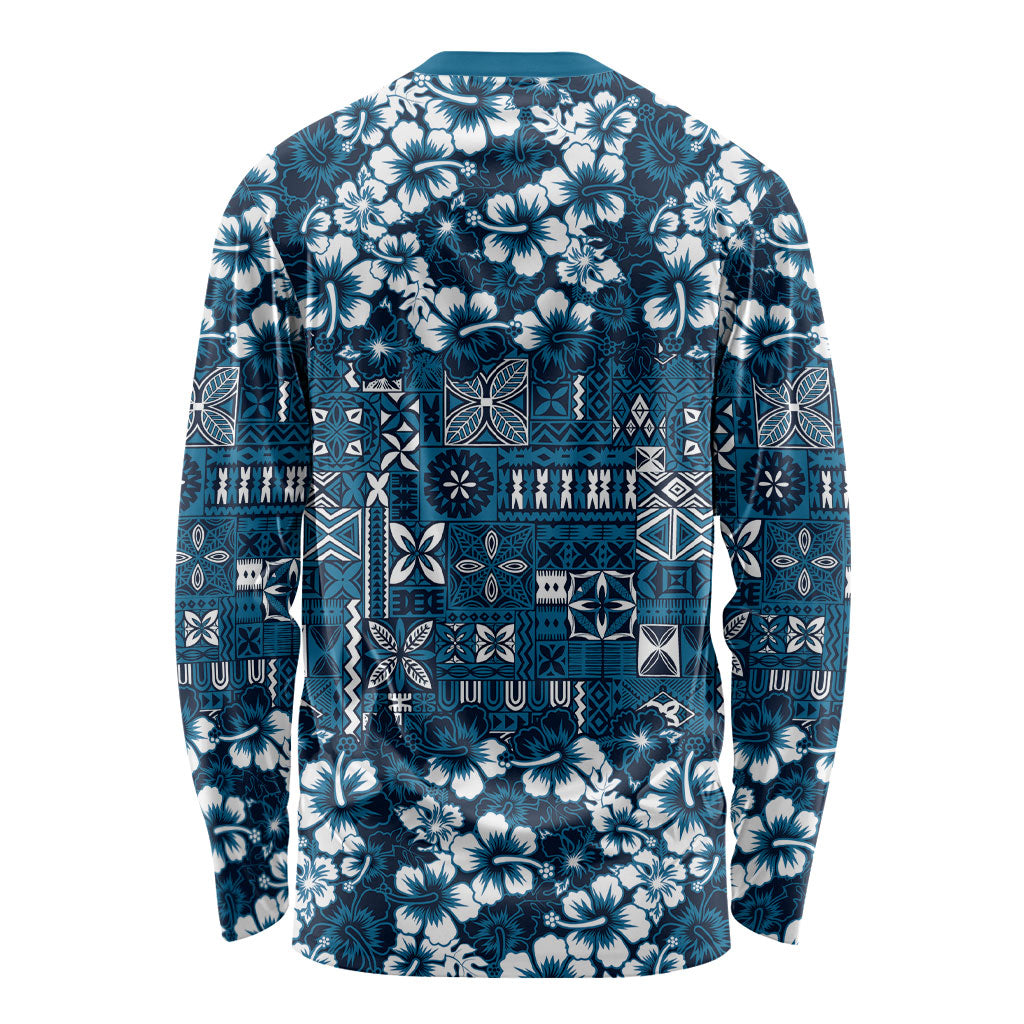 Blue Hawaiian Tapa Tribal Hibiscus Long Sleeve Shirt LT9 - Polynesian Pride