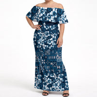 Blue Hawaiian Tapa Tribal Hibiscus Off Shoulder Maxi Dress