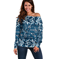 Blue Hawaiian Tapa Tribal Hibiscus Off Shoulder Sweater LT9 Women Blue - Polynesian Pride