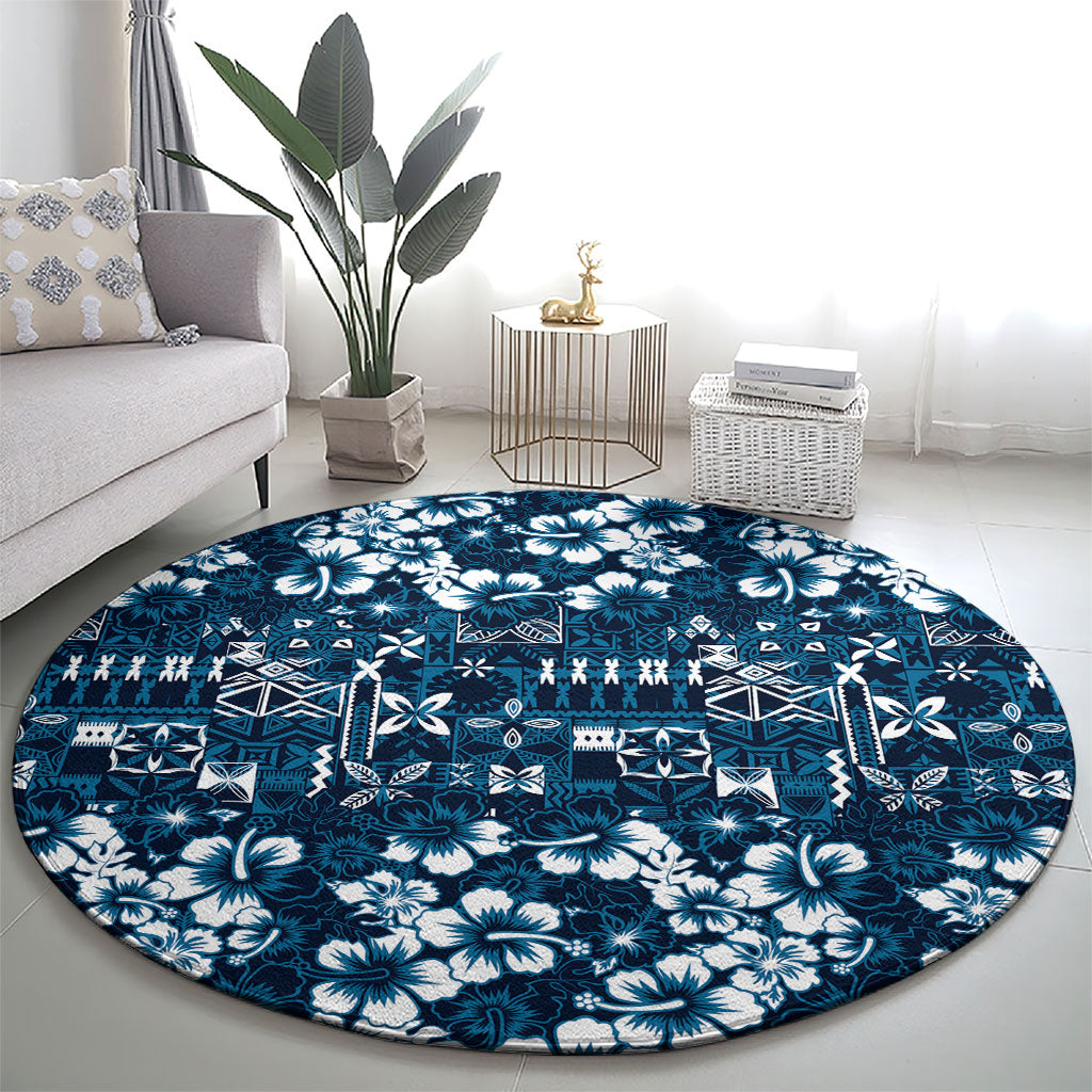 Blue Hawaiian Tapa Tribal Hibiscus Round Carpet LT9 - Polynesian Pride
