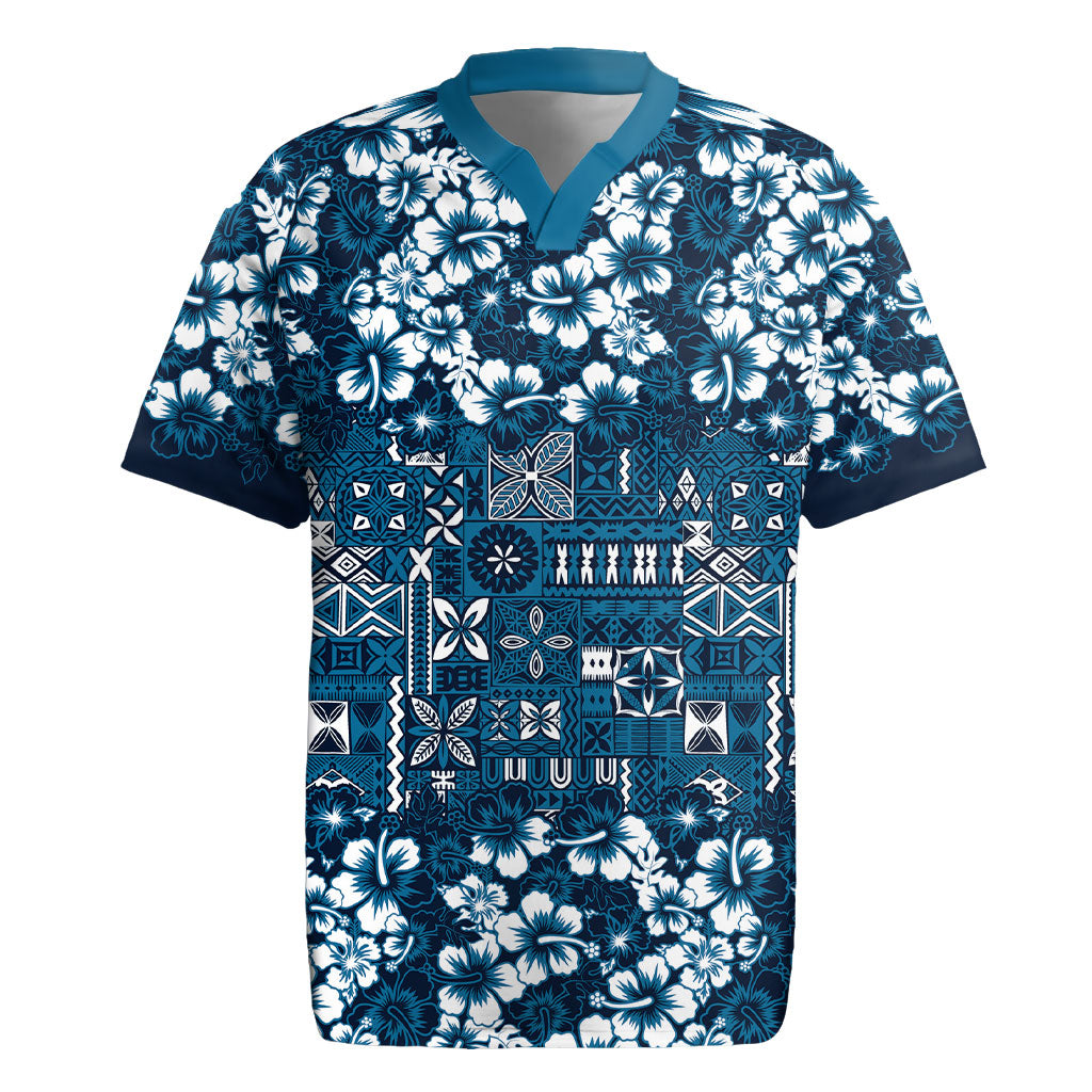 Blue Hawaiian Tapa Tribal Hibiscus Rugby Jersey LT9 Blue - Polynesian Pride