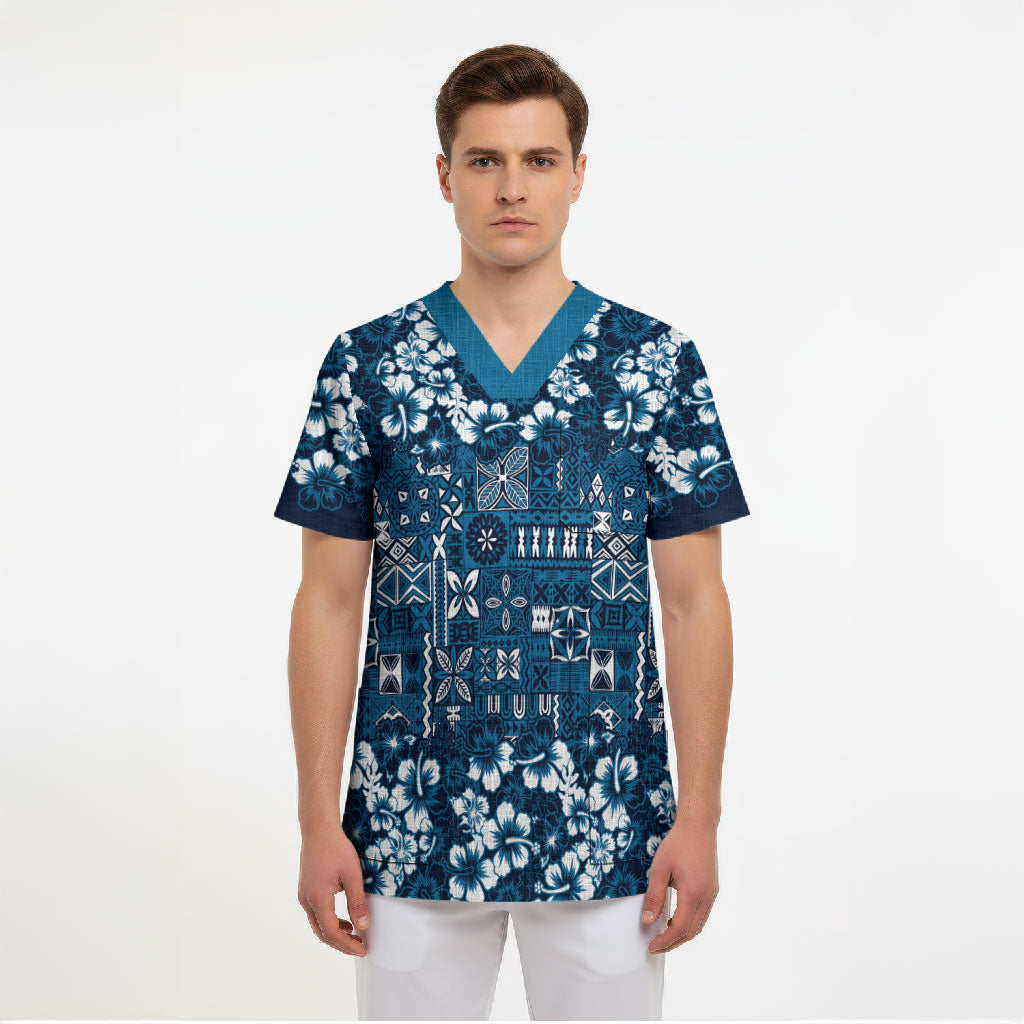 Blue Hawaiian Tapa Tribal Hibiscus Scrub Top