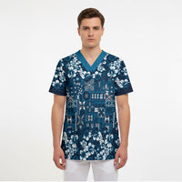 Blue Hawaiian Tapa Tribal Hibiscus Scrub Top