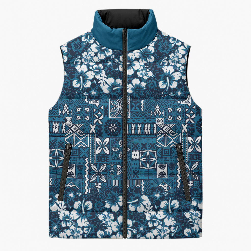 Blue Hawaiian Tapa Tribal Hibiscus Sleeveless Puffer Jacket LT9 Unisex Blue - Polynesian Pride