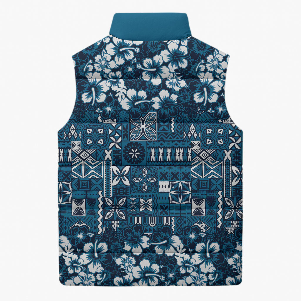 Blue Hawaiian Tapa Tribal Hibiscus Sleeveless Puffer Jacket LT9 - Polynesian Pride
