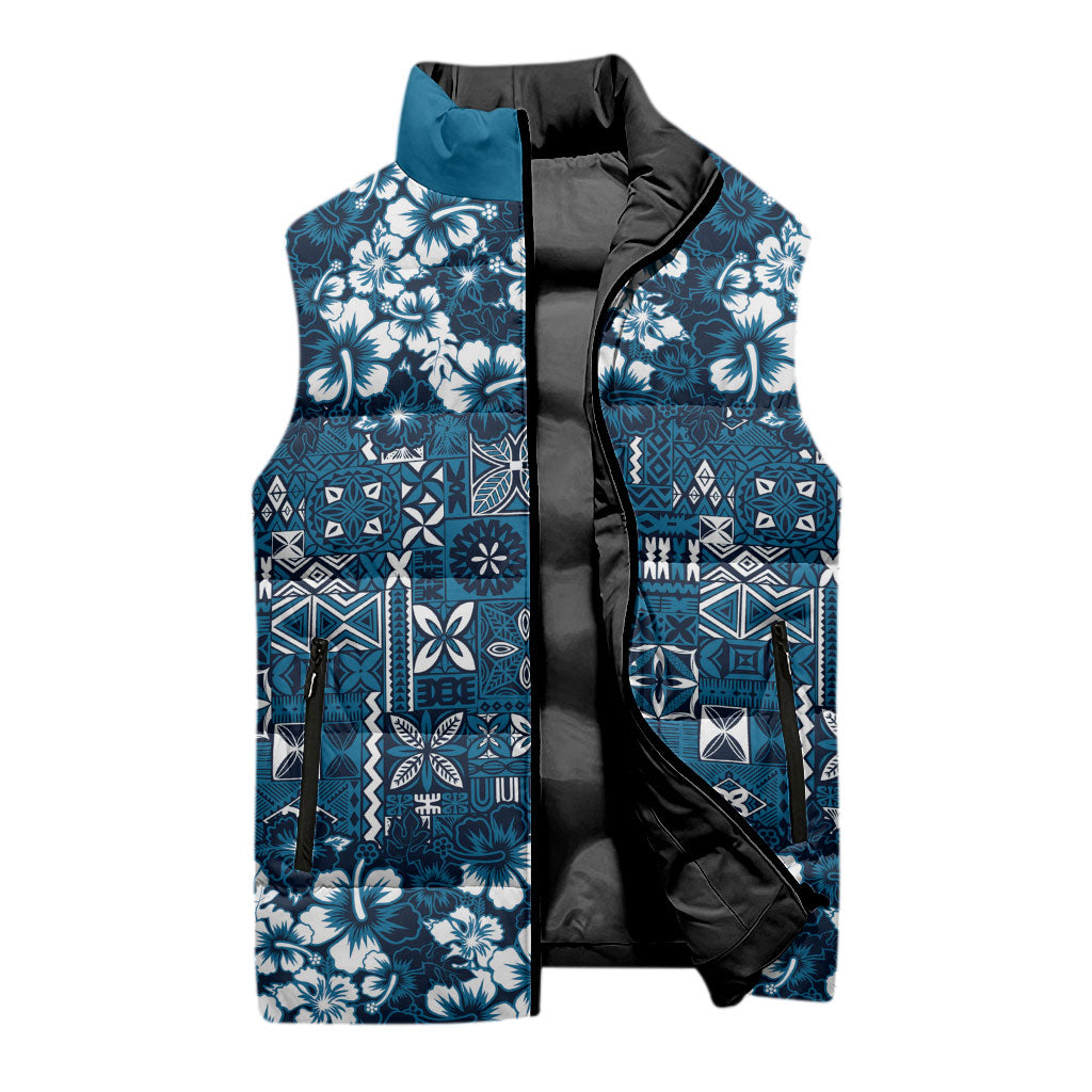 Blue Hawaiian Tapa Tribal Hibiscus Sleeveless Puffer Jacket LT9 - Polynesian Pride