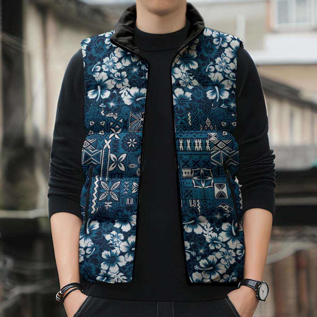 Blue Hawaiian Tapa Tribal Hibiscus Sleeveless Puffer Jacket LT9 - Polynesian Pride