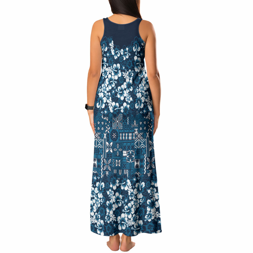 Blue Hawaiian Tapa Tribal Hibiscus Tank Maxi Dress