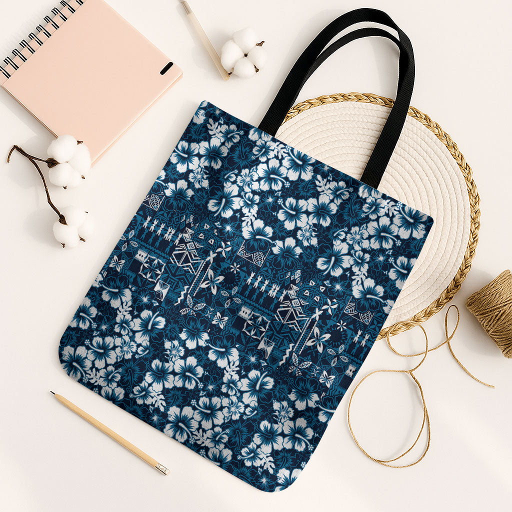 Blue Hawaiian Tapa Tribal Hibiscus Tote Bag LT9 Black Strap One Size Blue - Polynesian Pride