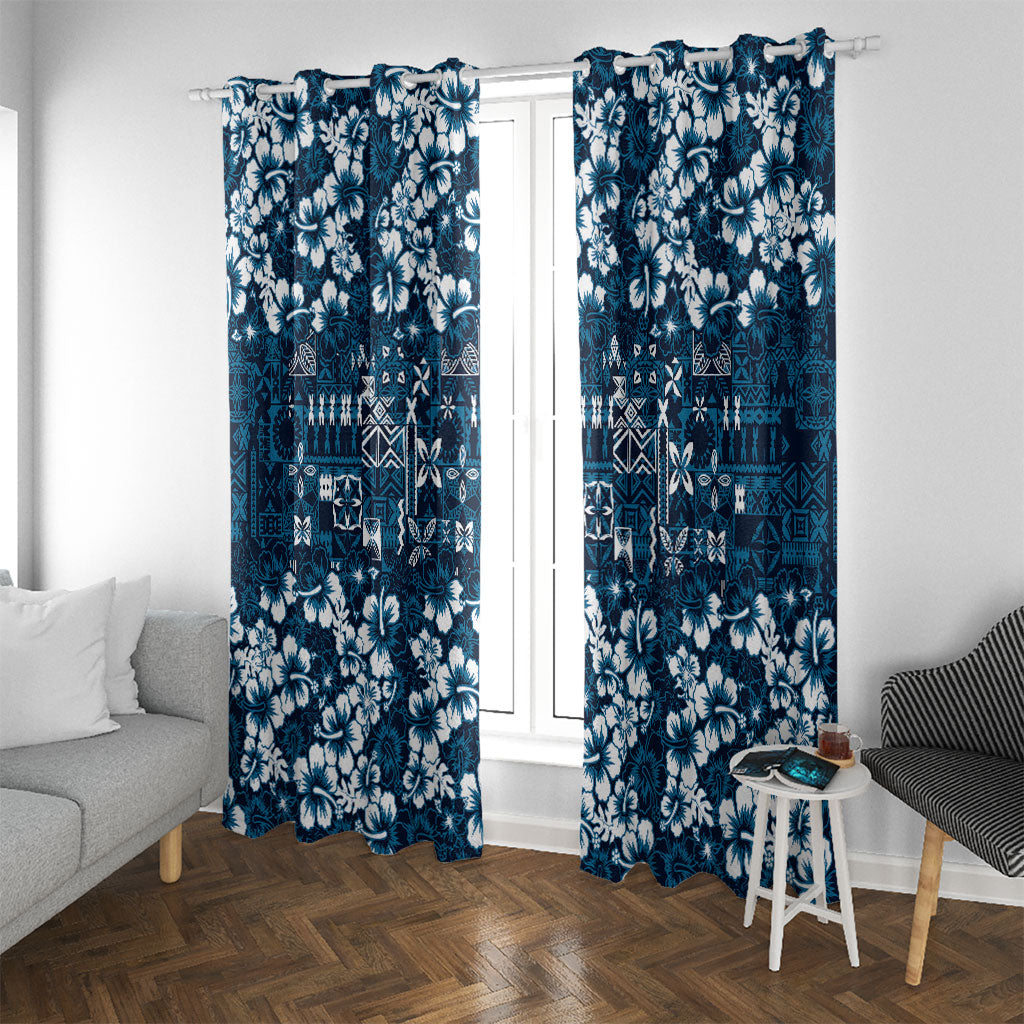 Blue Hawaiian Tapa Tribal Hibiscus Window Curtain LT9 With Grommets Blue - Polynesian Pride