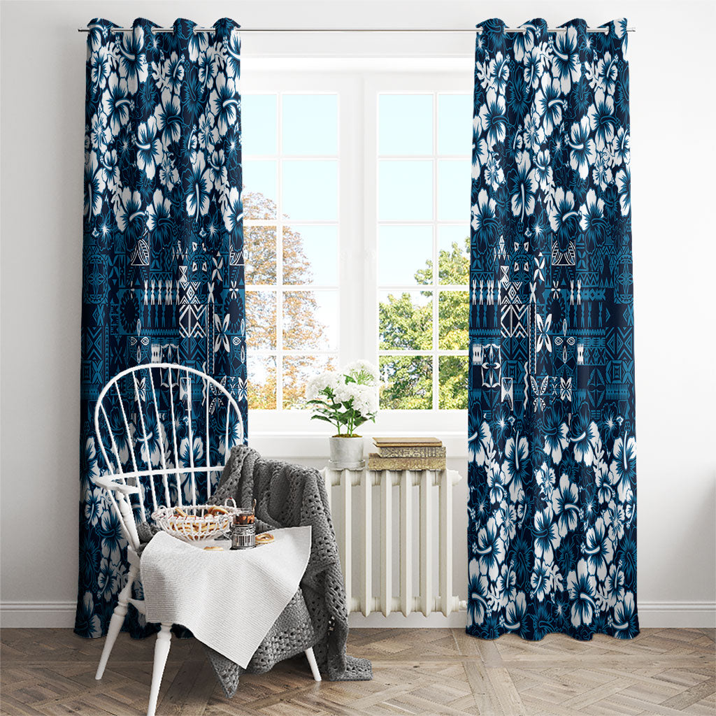 Blue Hawaiian Tapa Tribal Hibiscus Window Curtain LT9 - Polynesian Pride