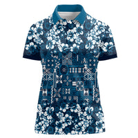 Blue Hawaiian Tapa Tribal Hibiscus Women Polo Shirt