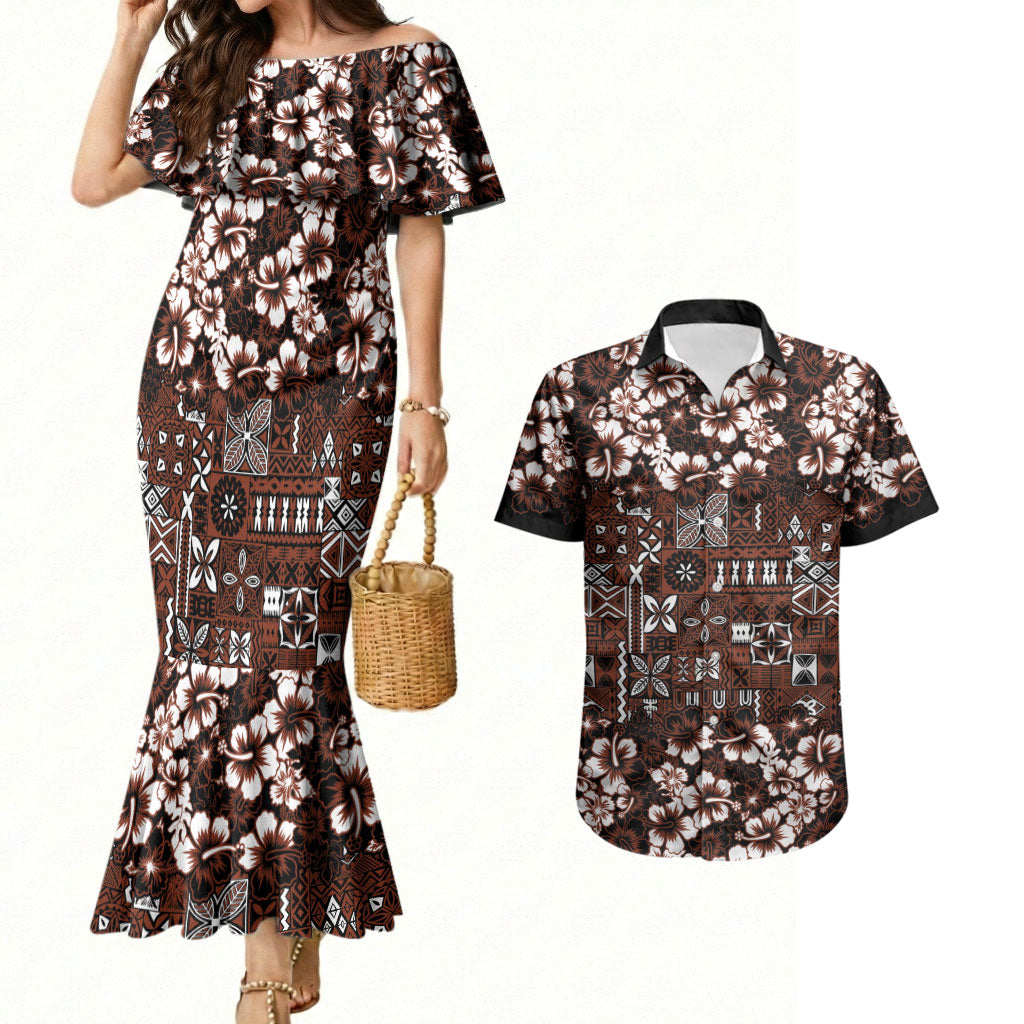Burgundy Hawaiian Tapa Tribal Hibiscus Couples Matching Mermaid Dress and Hawaiian Shirt