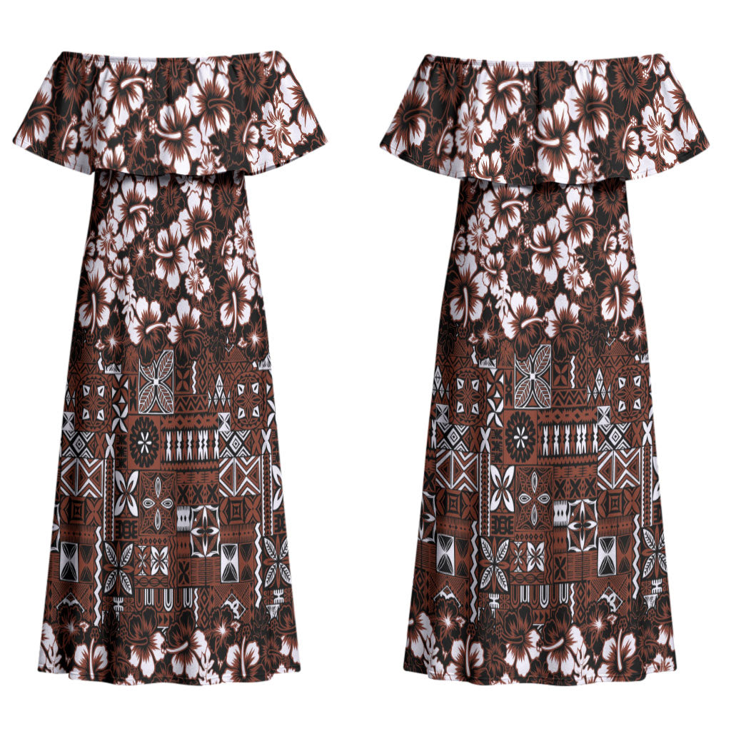 Burgundy Hawaiian Tapa Tribal Hibiscus Couples Matching Off Shoulder Maxi Dress and Hawaiian Shirt LT9 - Polynesian Pride