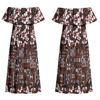 Burgundy Hawaiian Tapa Tribal Hibiscus Couples Matching Off Shoulder Maxi Dress and Hawaiian Shirt LT9 - Polynesian Pride