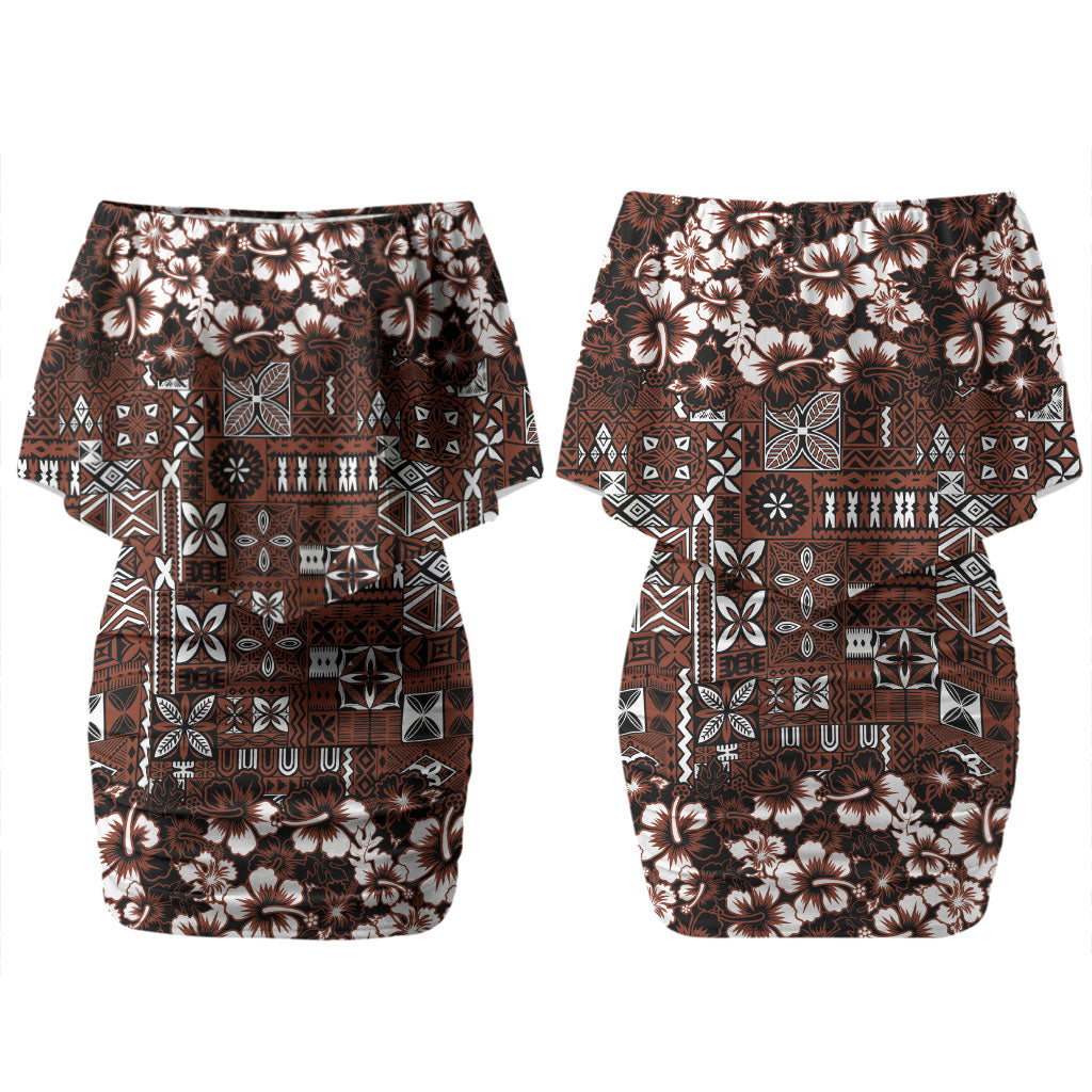 Burgundy Hawaiian Tapa Tribal Hibiscus Couples Matching Off Shoulder Short Dress and Hawaiian Shirt LT9 - Polynesian Pride