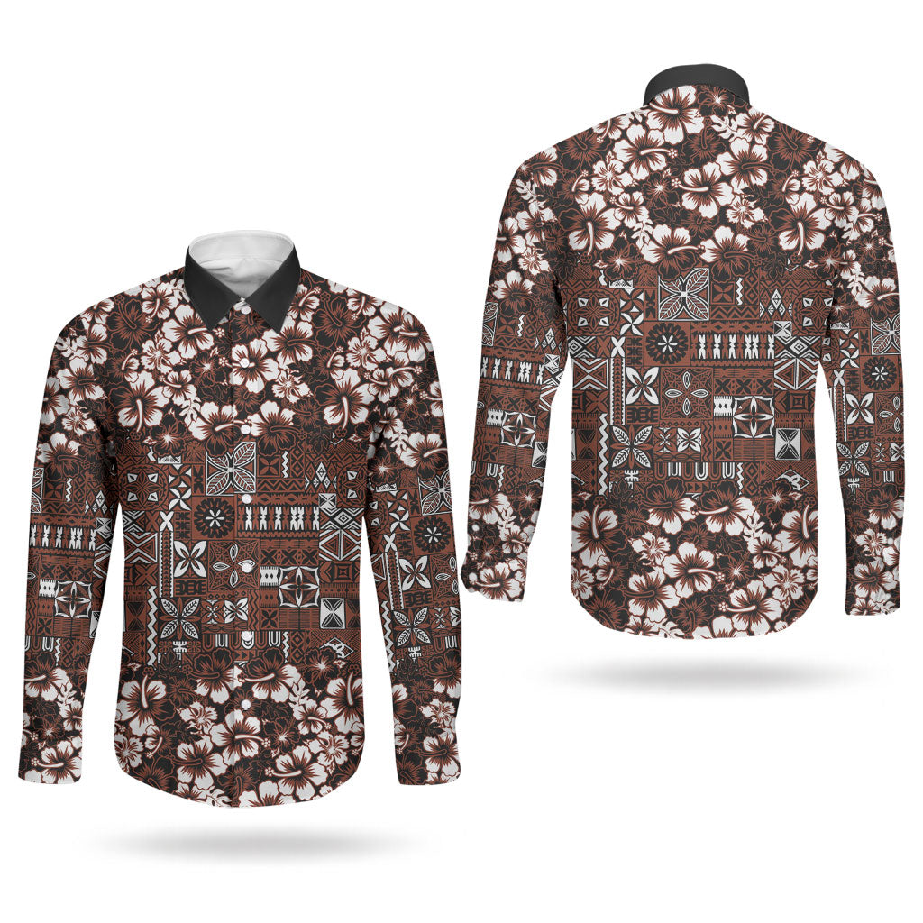 Burgundy Hawaiian Tapa Tribal Hibiscus Couples Matching Puletasi and Long Sleeve Button Shirt