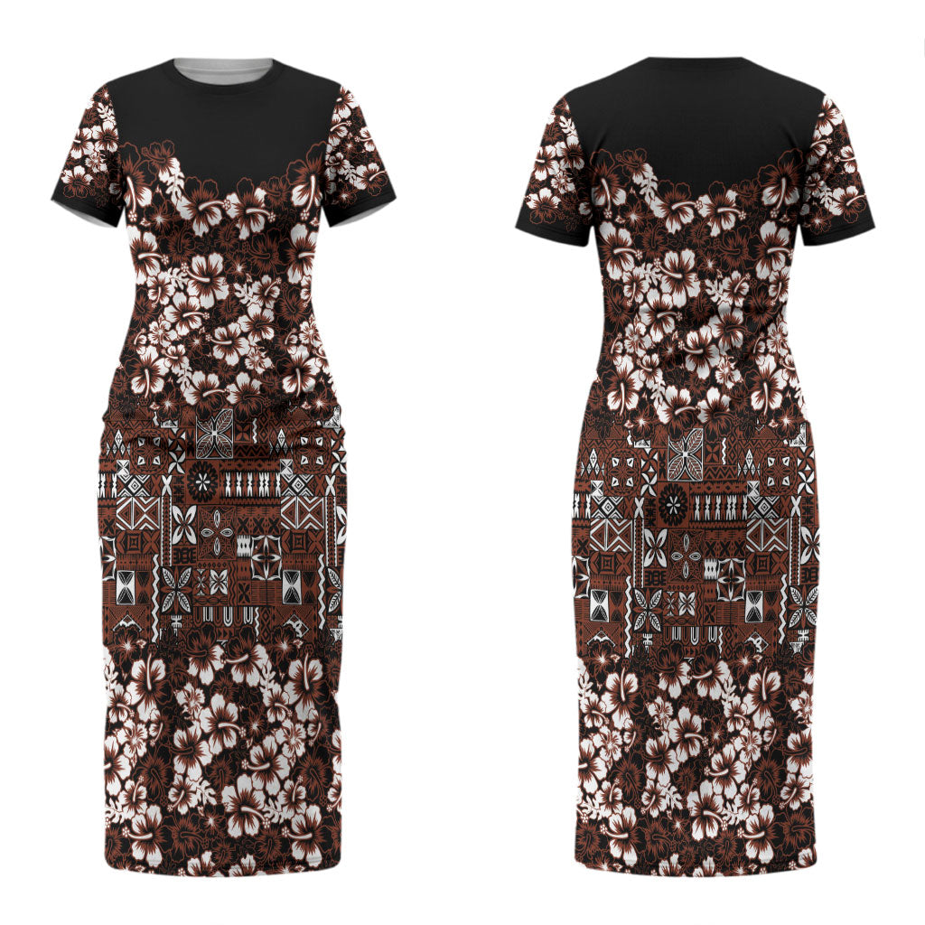 Burgundy Hawaiian Tapa Tribal Hibiscus Couples Matching Short Sleeve Bodycon Dress and Hawaiian Shirt